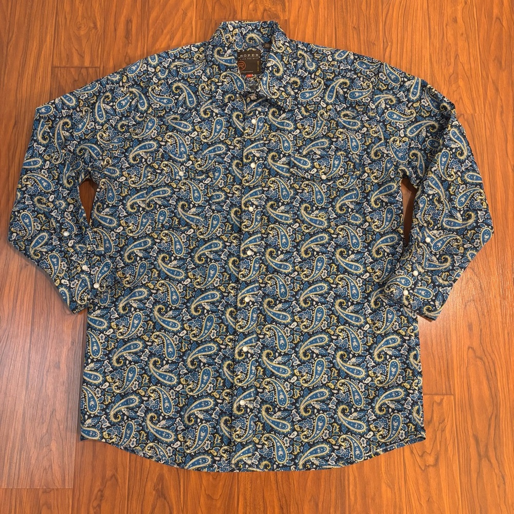 Roper Paisley Blue Yellow Casual Button Down Shirt Pearl Snap Buttons Mens XL